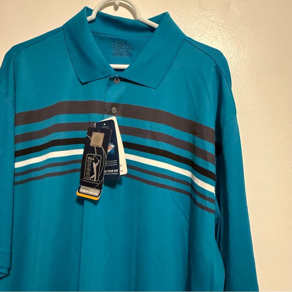 PGA Tour Men's Teal and Black Striped Polo Shirt Size XXL Collared New Flaw